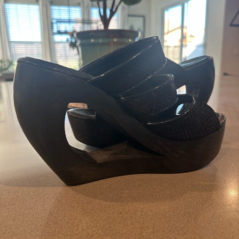Calleen Cordero Platform Cut Out Strappy Wood Wedge Sandals